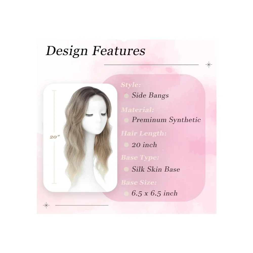 20 Inch Wavy Hair Topper‎ Ombre Blonde Dark Roots 360 3D Silk Base Clip In Bangs